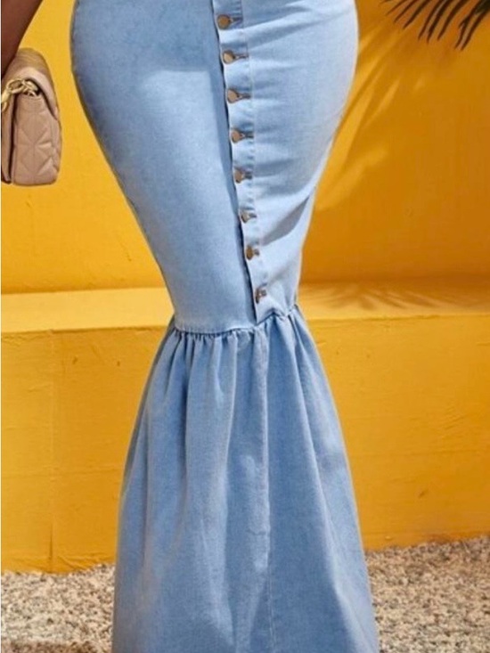 SHEIN Dresses & Skirts - SHEIN Light Blue Denim Mermaid Midi Skirt with Button Front size S